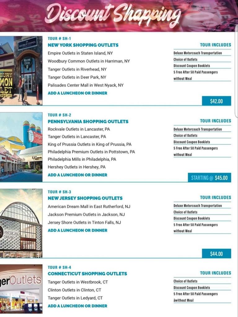 Who doesn't like/love "Discount Shopping?"
Book your 2021
Discount Shopping Trip with Amazing Destinations!
Call 718-569-0184
for more information!
#GroupTours
#IndividualTours
#DiscountShopping