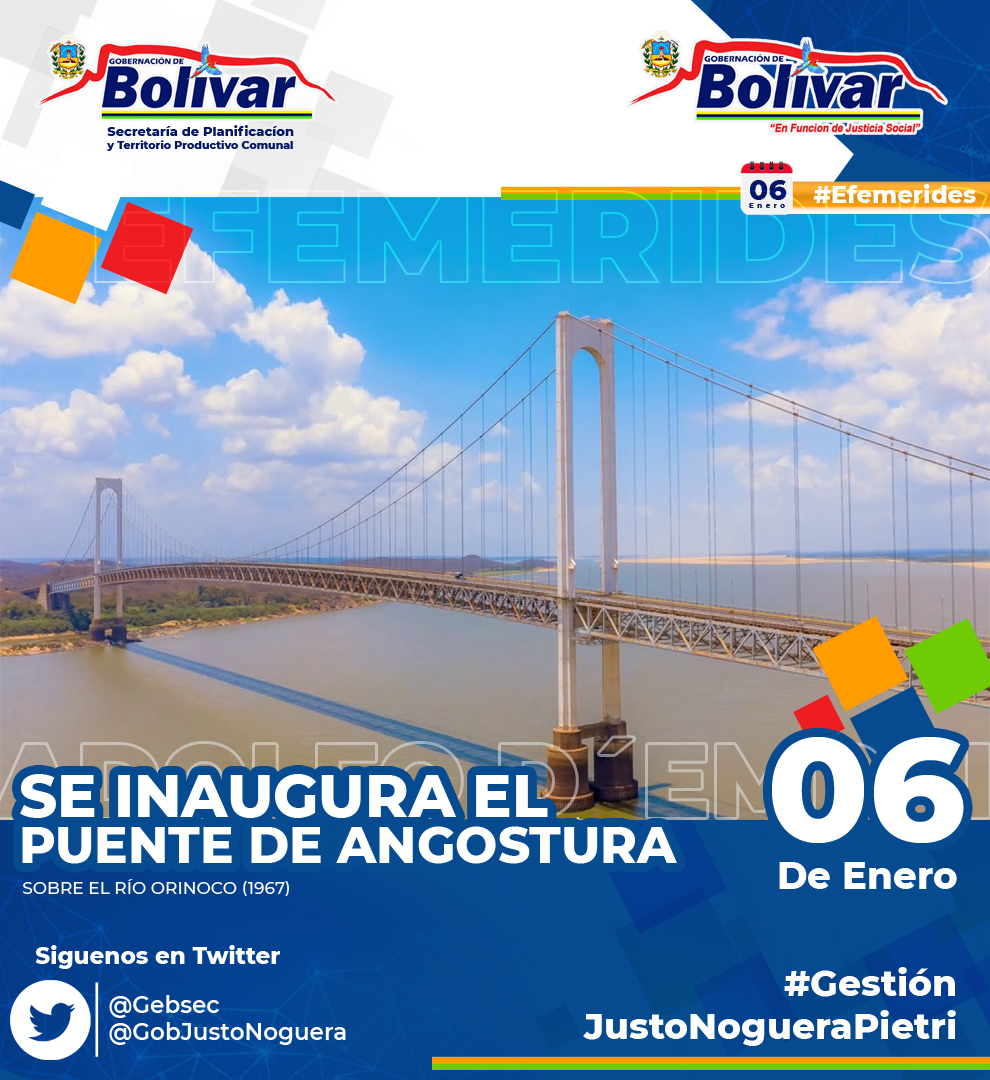 GebSec's tweet photo. Este #06Ene | conoce nuestras efemerides🗓️:

º Nace Juana de Arco
º El C/A ratifica el titulo de libertador
º Muere Adolfo d'Empaire Andrade
ºSe Inaugura el Puente de Angostura

#Siguenos:
@GobJustoNoguera @GebSec @geb_ddtp @D_Proyectosgeb @D_Planificacion @DireccionDeOrg2 https://t.co/bHF0o4YgBZ