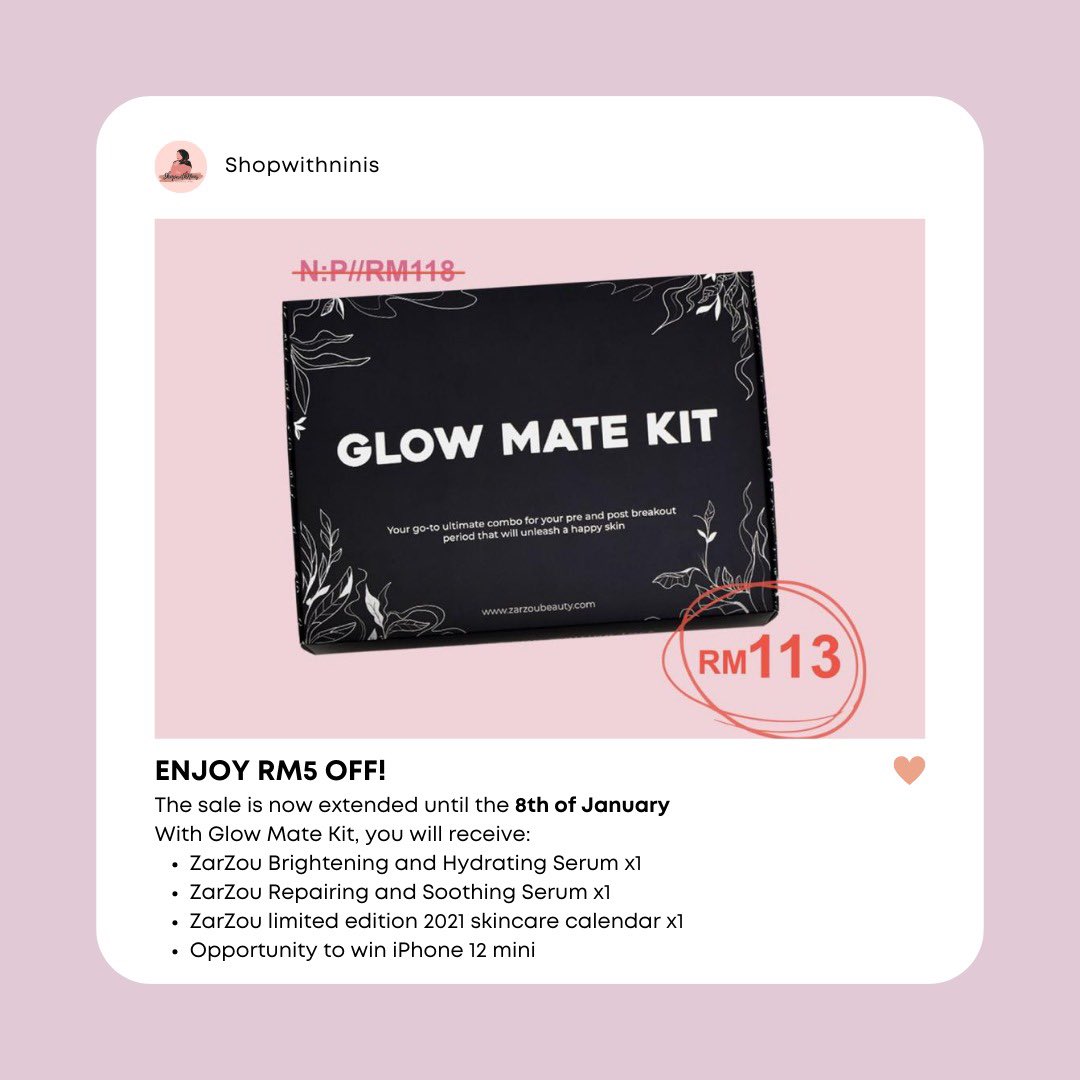 shopwithninis's tweet photo. It’s 2021, have you tried out Alluskin and Zarzou? Try it out today as we have promos right now and you don’t want to miss them out

On-going Promo✨
- GLOW MATE KIT BOX by ZarZou 
- Alluskin Hydrating Toner (glass bottle)

https://t.co/nvwZyqo1hl

#ZarzouMelaka #AlluskinMelaka https://t.co/fpCP17LQsV