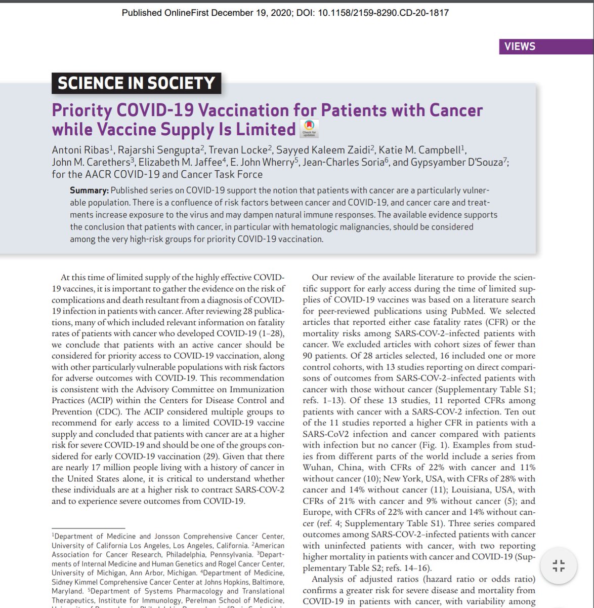 Aakash Desai, MD, MPH, FASCO (@adesaimd) on Twitter photo "Priority #COVID19Vaccination for Patients with #Cancer while Vaccine Supply Is Limited" <a href="/AACRPres/">AACR President Patricia M. LoRusso</a> <a href="/jsoriamd/">soria</a> and co-authors discuss need for prioritization of this high-risk group <a href="/CD_AACR/">Cancer Discovery</a> <a href="/OncoAlert/">OncoAlert</a> <a href="/FDAOncology/">FDA Oncology</a> cancerdiscovery.aacrjournals.org/content/early/… "Priority #COVID19Vaccination for Patients with #Cancer while Vaccine Supply Is Limited" <a href="/AACRPres/">AACR President Patricia M. LoRusso</a> <a href="/jsoriamd/">soria</a> and co-authors discuss need for prioritization of this high-risk group <a href="/CD_AACR/">Cancer Discovery</a> <a href="/OncoAlert/">OncoAlert</a> <a href="/FDAOncology/">FDA Oncology</a> cancerdiscovery.aacrjournals.org/content/early/…