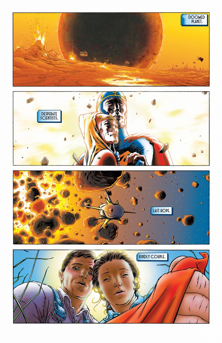 The first page gives maybe the most succinct summary of Superman's origin. Four panels highlighting the fundamental beats of this powerful story.