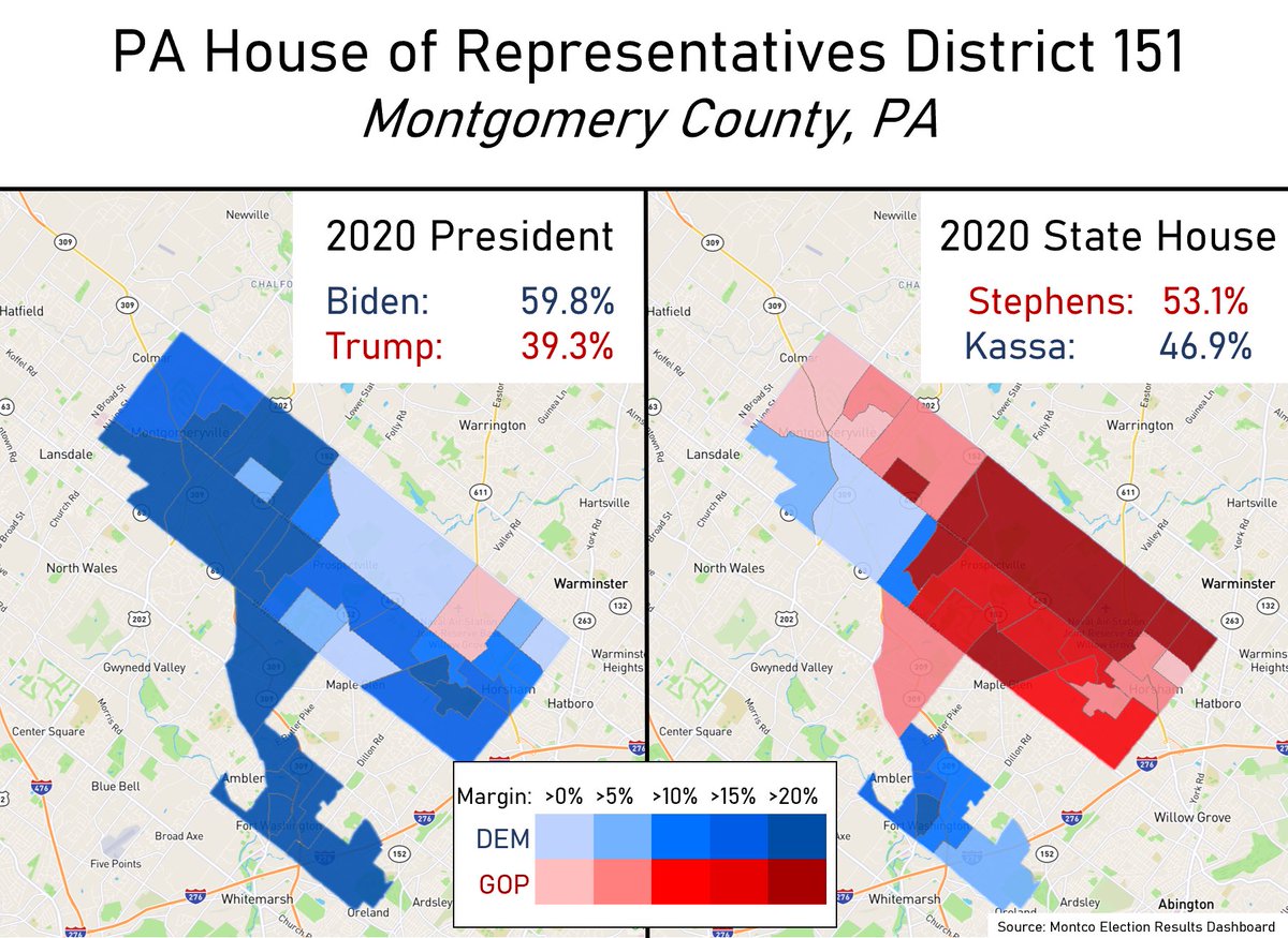 I’ve mostly just been a follower of  #electiontwitter for some time now, and haven’t really gotten involved, but I recently made my first map of my state House district in Montco! The map compares Biden’s margin of victory to Todd Stephens’ victory margin at the precinct level.