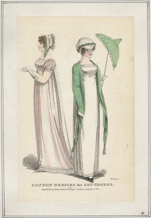 two centuries plants us in the 1800s, and i don’t think it takes a genius to figure out that 19th century fashion is MUCH different from today’s fashion. examples below: regency era fashion plates (early 1800s). first ca 1808, second ca 1810, third ca 1812.