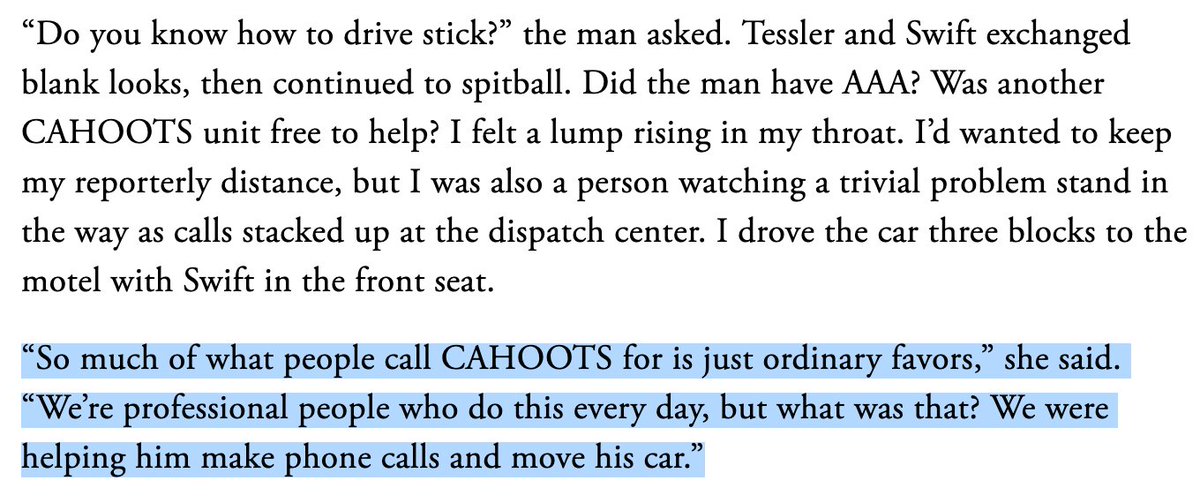 In Eugene, the answer is often CAHOOTS. CAHOOTS may transport you to an appointment, or just give you a snack. They will administer Narcan, talk your boyfriend down from an angry outburst, or move your car to keep you from violating a restraining order. 3/n