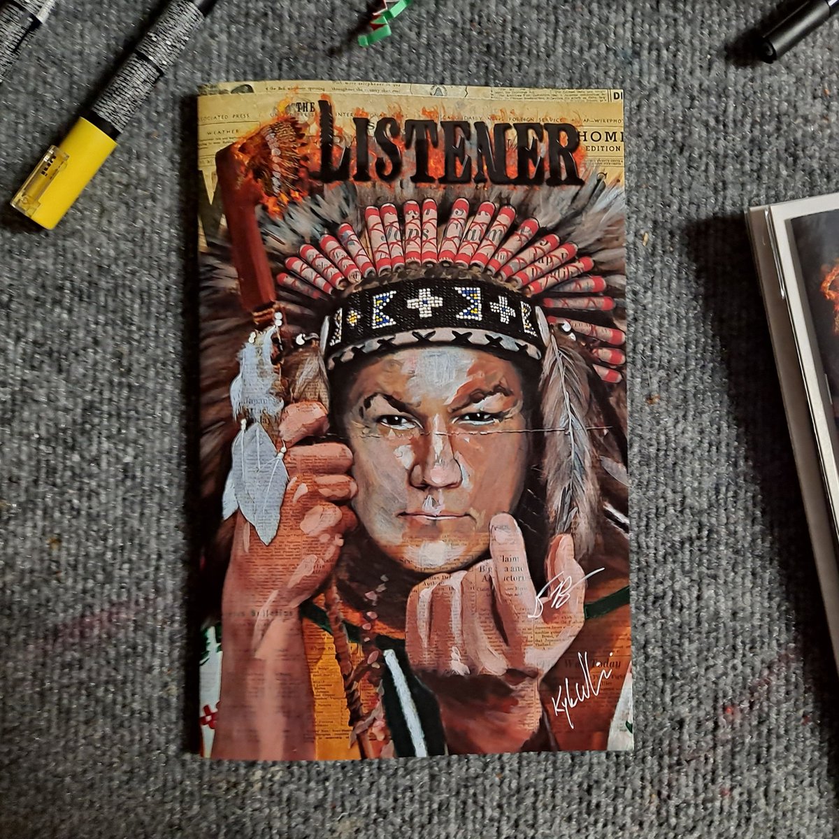 My cover of #TheListener book one is an homage to <a href="/FrankMillerInk/">Frank Miller</a>'s Wolverine #1 &amp; tells the tale of a Native American soldier, Aditsan, who inherits the power of The Listener and can speak to &amp; interact with the dead.

<a href="/litefoot/">Litefoot</a> I would like to send you a copy.