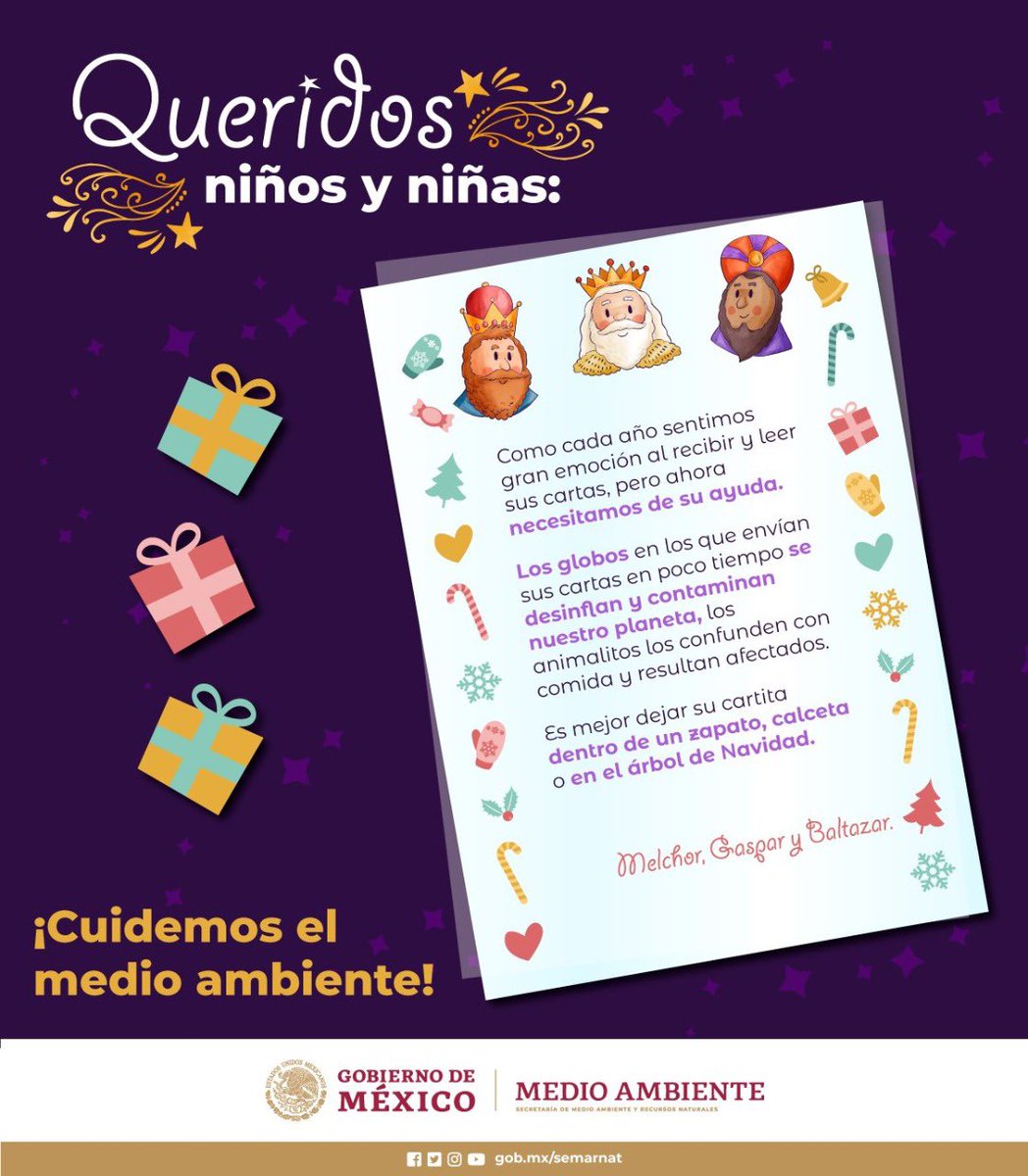 La <a href="/SEMARNAT_mx/">SEMARNAT México</a> te recuerda que este #DíaDeReyes no mandes tu carta en globo, ya que caen cientos y hasta miles de kilómetros lejos de donde fueron soltados, tardan meses y hasta 450 años en degradarse, afectando dramáticamente a su paso a varias especies🚫🎈