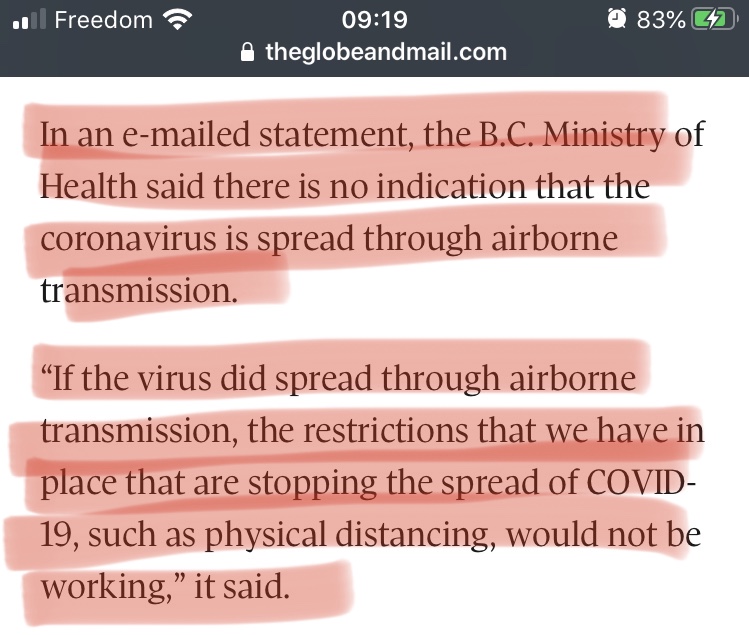 A thread, before anyone at PHO or MoH or PHSA or in gov't tries to walk back the statement *emailed* to  @globeandmail regarding whether or not SARS-CoV-2 is airborne as a miscommunication, in which they deny airborne spread:  #bced  #bcpoli  #covidisairborne  #nomorelies +