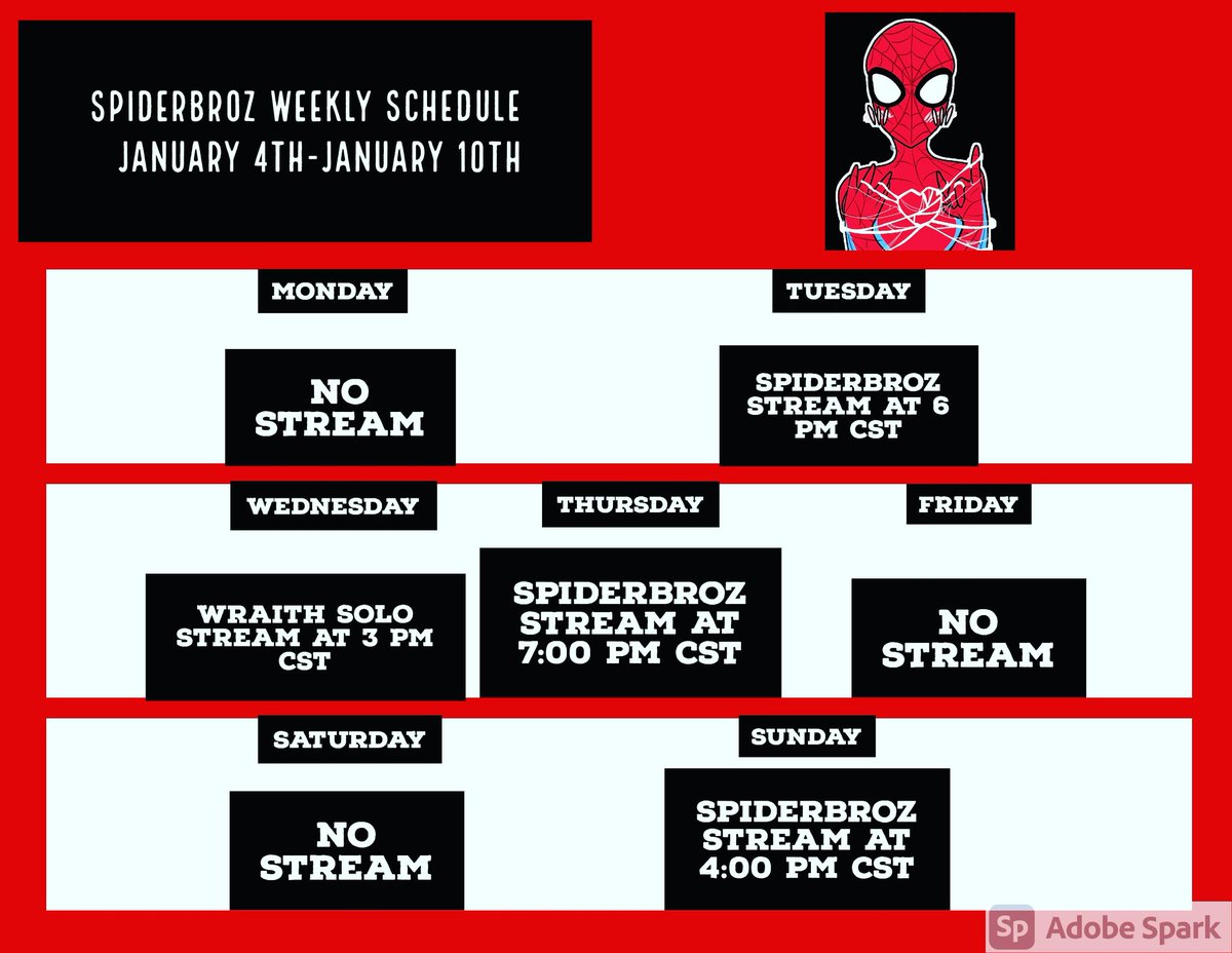 spiderbroz's tweet photo. Our stream schedule for this upcoming week! Can't wait to see you guys and hope you all had amazing holiday breaks ❤ 🕷
https://t.co/ywV5Y8toly
#comics #comicbooks #contentcreator #networking #supportsmallstreamers #spiderman #famafam #famafamily #twitchaffiliate #twitch https://t.co/ll5pZrT4cc