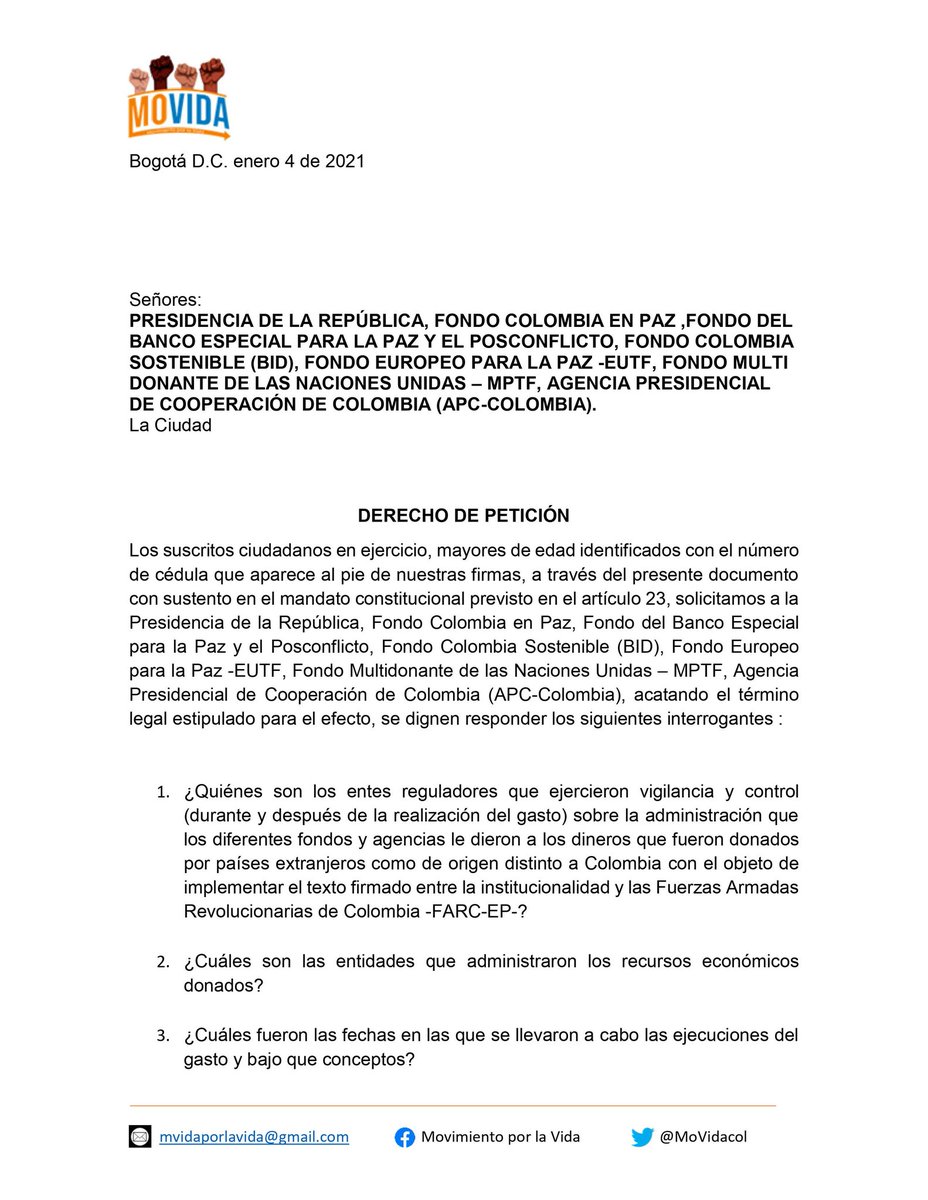 MoVidaCol's tweet image. 📣 #Atención

Hoy radicamos derecho de petición solicitando la relación del gasto de los dineros donados para la implementación del proceso de paz con las FARC-EP.

Esperamos la respuesta de @IvanDuque y los entes relacionados de acuerdo a la respuesta del Fondo Colombia en Paz.