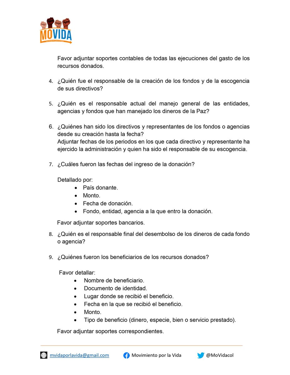 MoVidaCol's tweet image. 📣 #Atención

Hoy radicamos derecho de petición solicitando la relación del gasto de los dineros donados para la implementación del proceso de paz con las FARC-EP.

Esperamos la respuesta de @IvanDuque y los entes relacionados de acuerdo a la respuesta del Fondo Colombia en Paz.