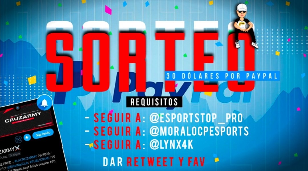 ❌SORTEO DE 30 DOLARES POR PAYPAL ❌
🔰REQUISITOS🔰
-SEGUIR @eSportstop_pro <a href="/MoraloCPesports/">Moralo C.P eSports ©️ PSN (DISUELTO)</a> 
@Lynx4K
-DAR RT Y FAV
-MENCIONAR A UN AMIGO
GANADOR EN 4 DÍAS
