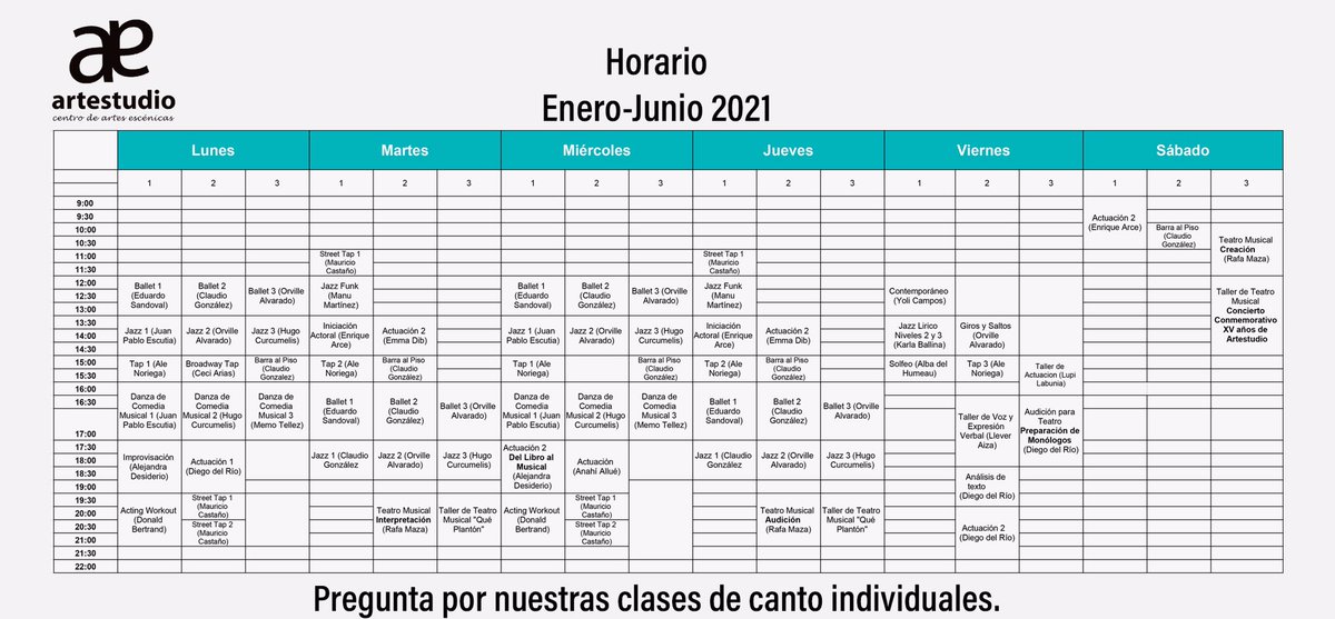 Les compartimos nuestro horario de este nuevo semestre Enero-Junio 2021, los esperamos!!!! Informes: Info@artestudio.com.mx