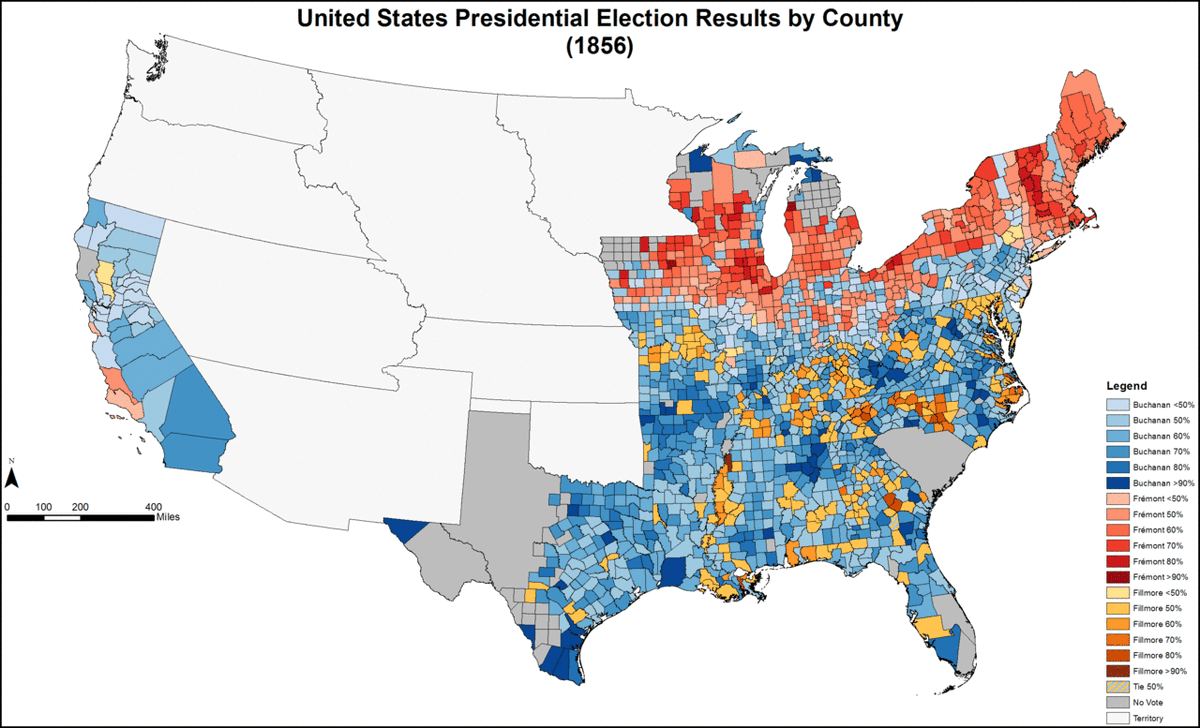 1. Thread of 1850s electoral tidbits from Eric Foner's "Free Soil, Free Labor, Free Men", which is a great book about the ideology of the pre-Civil War Republican Party. Everything in this thread is from his chapter on the Radical Republicans, 1856 Election map is from Wikipedia: