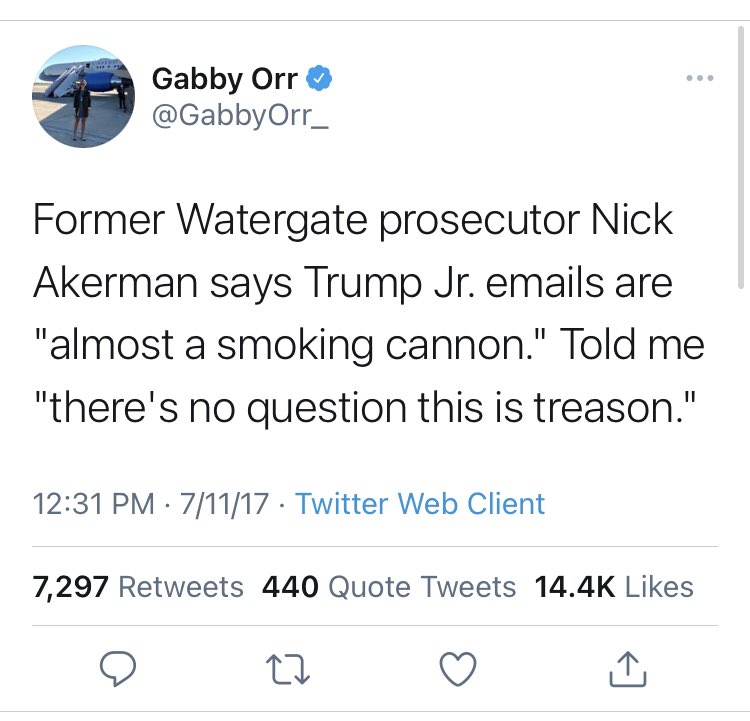 It wasn’t just Bernstein. Other folks involved in Watergate also did this, including former prosecutor Nick Akerman( @nickakerman), who called  @DonaldJTrumpJr’s emails “treason” & a “smoking cannon” back in 2017 (and plenty since - apparently this line gets you booked by MSNBC).