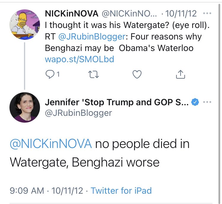 I couldn’t help but add  @JRubinBlogger to this thread because she also claimed that Benghazi was worse than Watergate back when she was a Republican.Now apparently she saves that honorific for whatever it is Trump was doing in September and October of 2019.