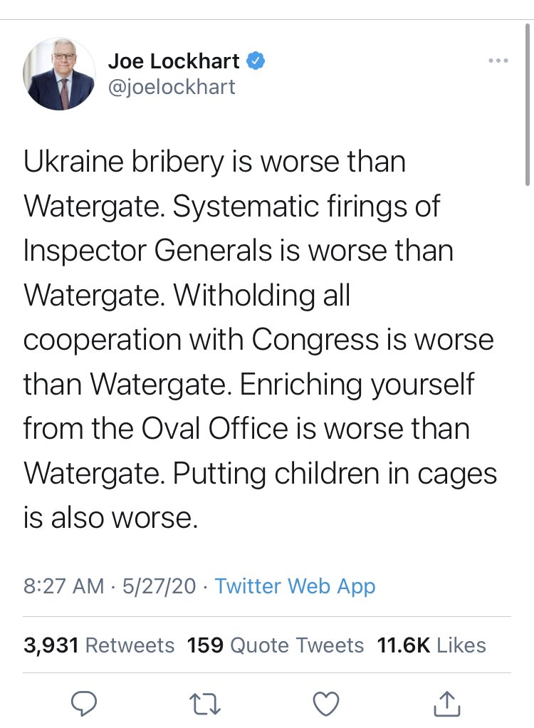 Plenty of our usual blue check suspects do this, too.  @joelockhart makes my job easy by just listing everything that’s worse than Watergate out in two tweets, including the Russian collusion conspiracy theory and the “good people on both sides” lie.