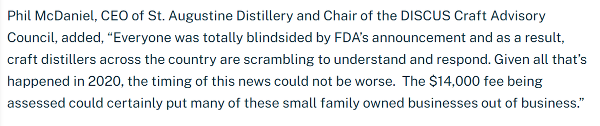 Here's a statement from  @DistilledSpirit, which seemed pretty indicative of the broader sentiment of the industry:  https://www.distilledspirits.org/news/struggling-distillers-hit-with-surprise-14000-fda-fee-for-producing-hand-sanitizer-during-pandemic/