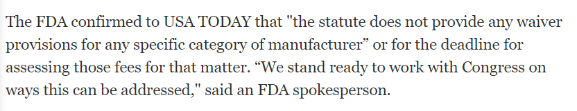 According to a statement provided by FDA to USA Today, it was hoping to work with Congress to fix this oversight. Given that it had 45 days to do so, that seemed like a possible timeline.  https://www.usatoday.com/story/money/2020/12/31/fda-fees-distilleries-more-than-14-k-fees-after-making-hand-sanitizers/4098868001/