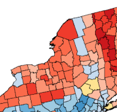 3. "Some of the upstate New England areas [of NY] had been strongly Whig before the advent of Republicanism, while some had been strongholds of locofoco Democracy. But all became centers of radical Republicanism in the 1850s." 1st map is the 1844 election in NY, 2nd map is 1856: