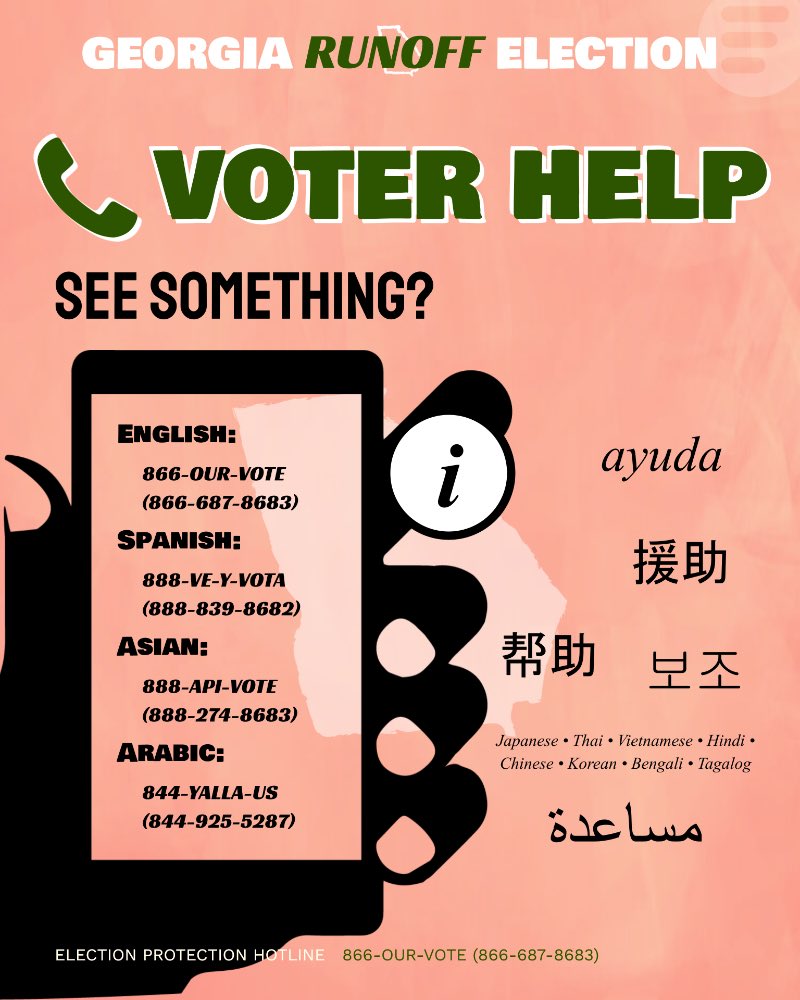 Georgia - your vote matters! If you have questions OR need to report any issues at the polls, call 866-Our-Vote #electionprotection #GAVotes go2vote.org/GA