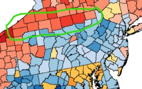 4. "The 'Northern Tier' counties of PA sent David Wilmot [author of the anti-slavery 'Wilmot Proviso'] & Galusha Grow to Congress. The area had been settled by New Englanders between 1810 & 1830, & in the 1850's it gave heavy majorities to Republican candidates." 1856 PA map: