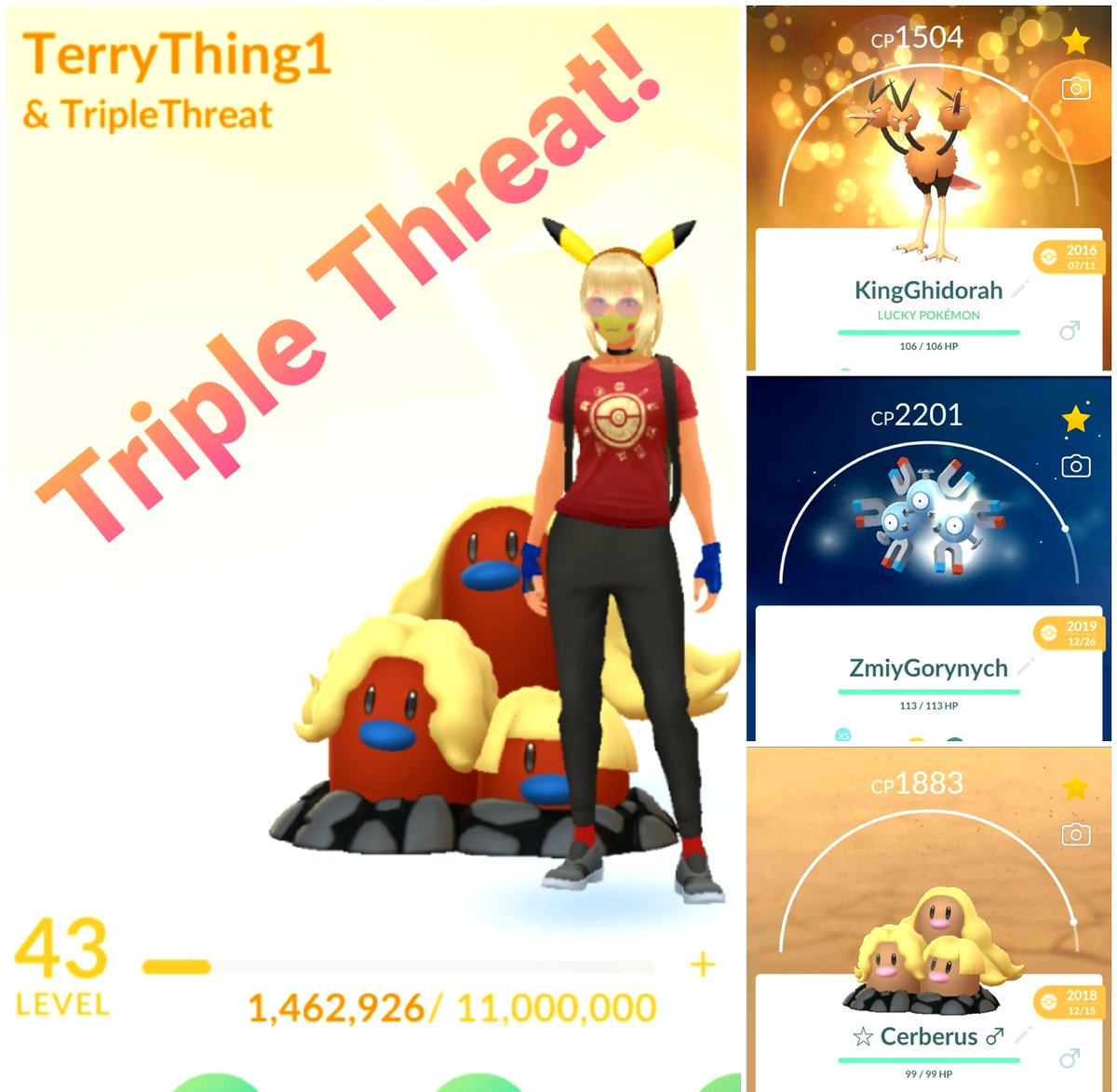 Meet "Triple Threat" w/Kanto's 3-headed 'mons: Dodrio, Magneton &amp; Dugtrio, honoring the 3 mythical monsters King Ghidorah, Zmiy Gorynych &amp; Cerberus. My groovy Aolan Dugtrio outfit salutes all 3 team colors: warrior yellow, blood red &amp; steely blue. Go-go-GO!! #PokemonGOTourContest