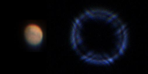 ScienceSGQ's tweet image. Tried to capture #Mars with my Skywatcher 130 #newtonian &amp;amp; planetary cam. Not sure if just really bad seeing after hot day or #collimation issue. Can make out 
Syrtis Major &amp;amp; Mare Tyrrhenum but Mars itself &amp;amp; Airy disk look a bit pinched top left. Any #Astrophotography opinions?