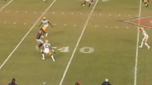 "Why not Arob!?" anyone with half a brain asks.Well, my poor, sad friend, he's schemed out of the play yet again. Whereas before he's blocking, here he just runs a curl in the middle of the zone to seemingly distract the defense with its stupidity.Terrible decisions from all