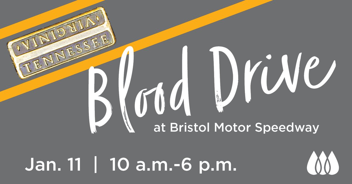 We're heading back to Bristol Motor Speedway Monday, Jan 11 for an indoor blood drive. 

Please schedule your time to give via the link below:
https://t.co/JeoHyTgzZ3

COMPLIMENTARY choice of VA or TN long sleeve shirt for all donors. #TwoStatesOneCause https://t.co/VfwfVNjJEX