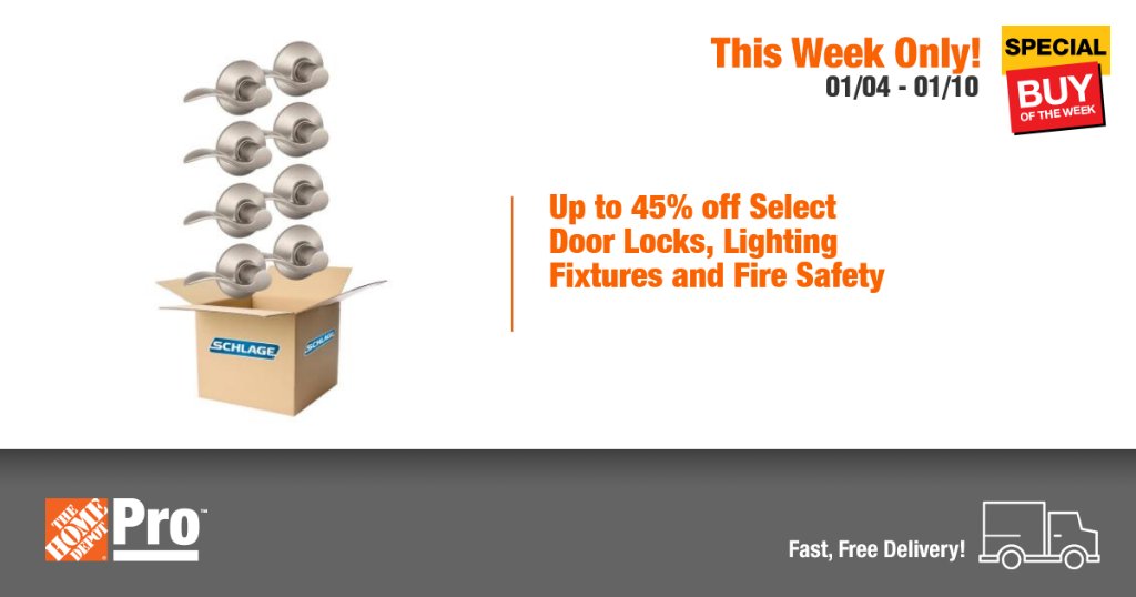 You'll find it easy to get the job done with our wide assortment of products. Enjoy savings on select door locks, lighting fixtures and fire safety from Home Depot's online only Pro Special Buy of the Week! https://t.co/rBfjeEfFUS https://t.co/9qTXsCuWLL