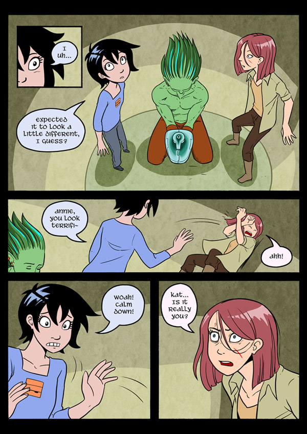 -This is similar to her POV of the Ether, and probably related. Whereas Annie sees a massive maze, a water monster, and KAT, Kat just sees a room, a guy in handcuffs, and Annie. She just saw the ROTD as a really bad haunted house, whereas Annie and Mort saw a vast library. -