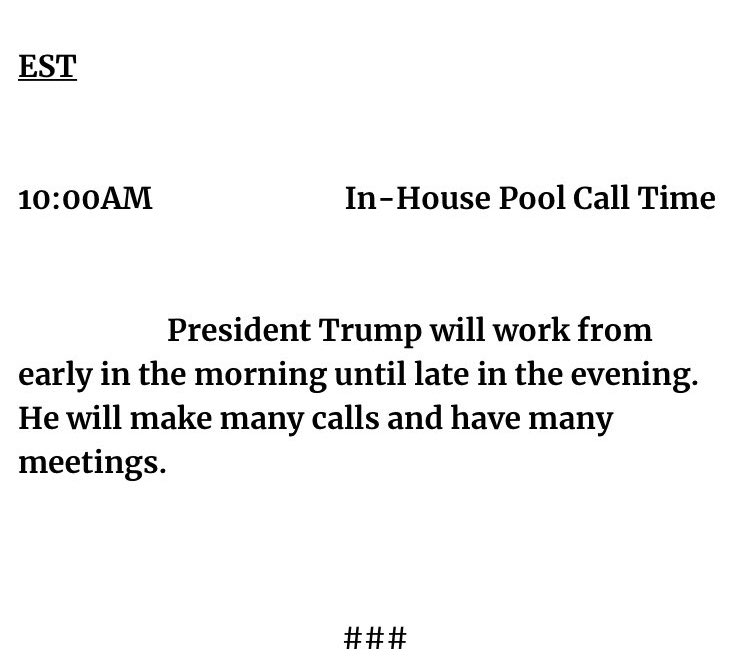 jonsopel's tweet photo. This is from the ⁦@WhiteHouse⁩ press office, detailing ⁦@realDonaldTrump⁩ engagements for tomorrow. https://t.co/CeonGgdFCU