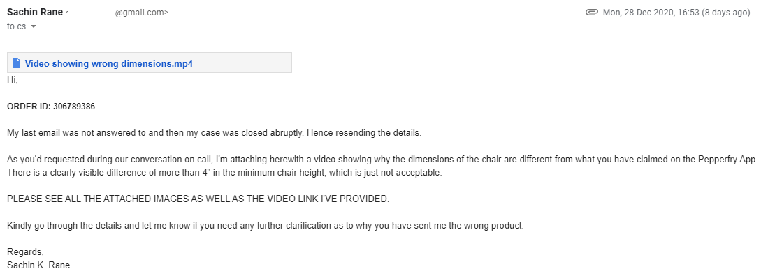 TheSKRane's tweet photo. @Pepperfry is an expert in cheating customers by providing wrong information. Got incorrect product with wrong dimensions. Customer care is harassing &amp; not taking product back. Help!
@jagograhakjago 
@JagoGrahakJago_
@ShivSena
@bjp4mumbai
@ConsumerCourt_
@consaff #consumeraffairs https://t.co/MCSclp9Vx7