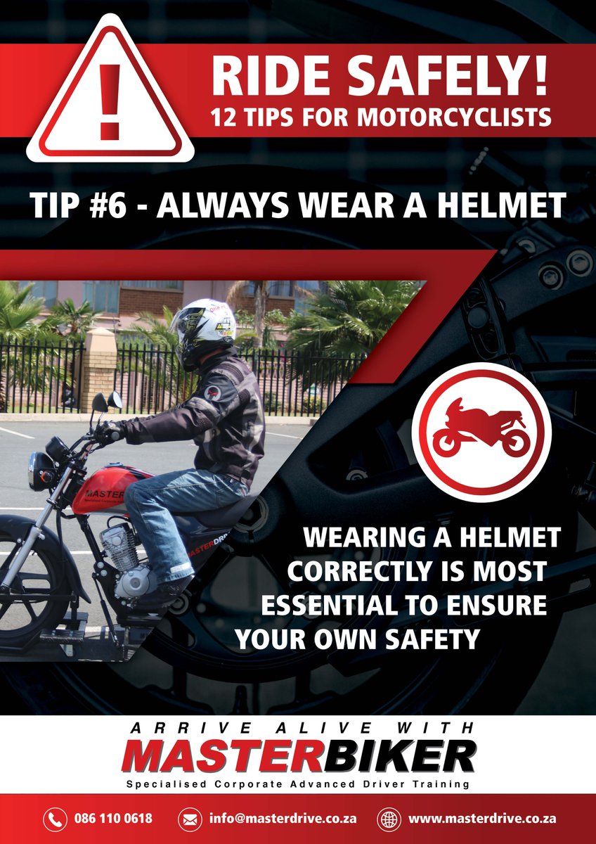 MasterDriveSA's tweet photo. Tip Tuesday: Wearing your helmet correctly is most essential to ensure your own safety.

#MasterBiker #TipTuesday #MasterDrive #ArriveAlive #roadsafety #fleetmanagement #safetyfirst #fleetsafety #drivertraining #defensivedriving #masterdrivecares https://t.co/7E8MAKZF07