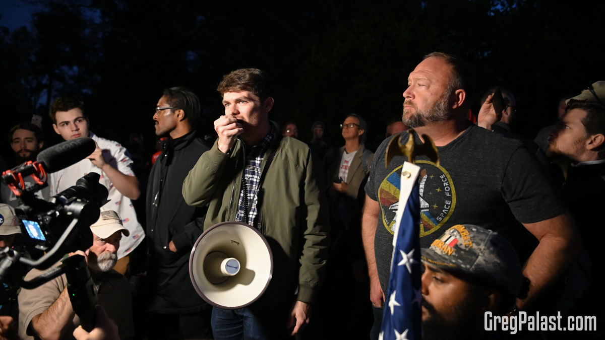 Why is this news? Well, Ali Alexander is an extremist activist who is a regular on the Alex Jones Show, and keeps showing up with Catholic fascist Nick Fuentes and his groypers (seen here altogether, protesting Gov. Brian Kemp). Also, with the founder of the Proud Boys, Gavin 3/9