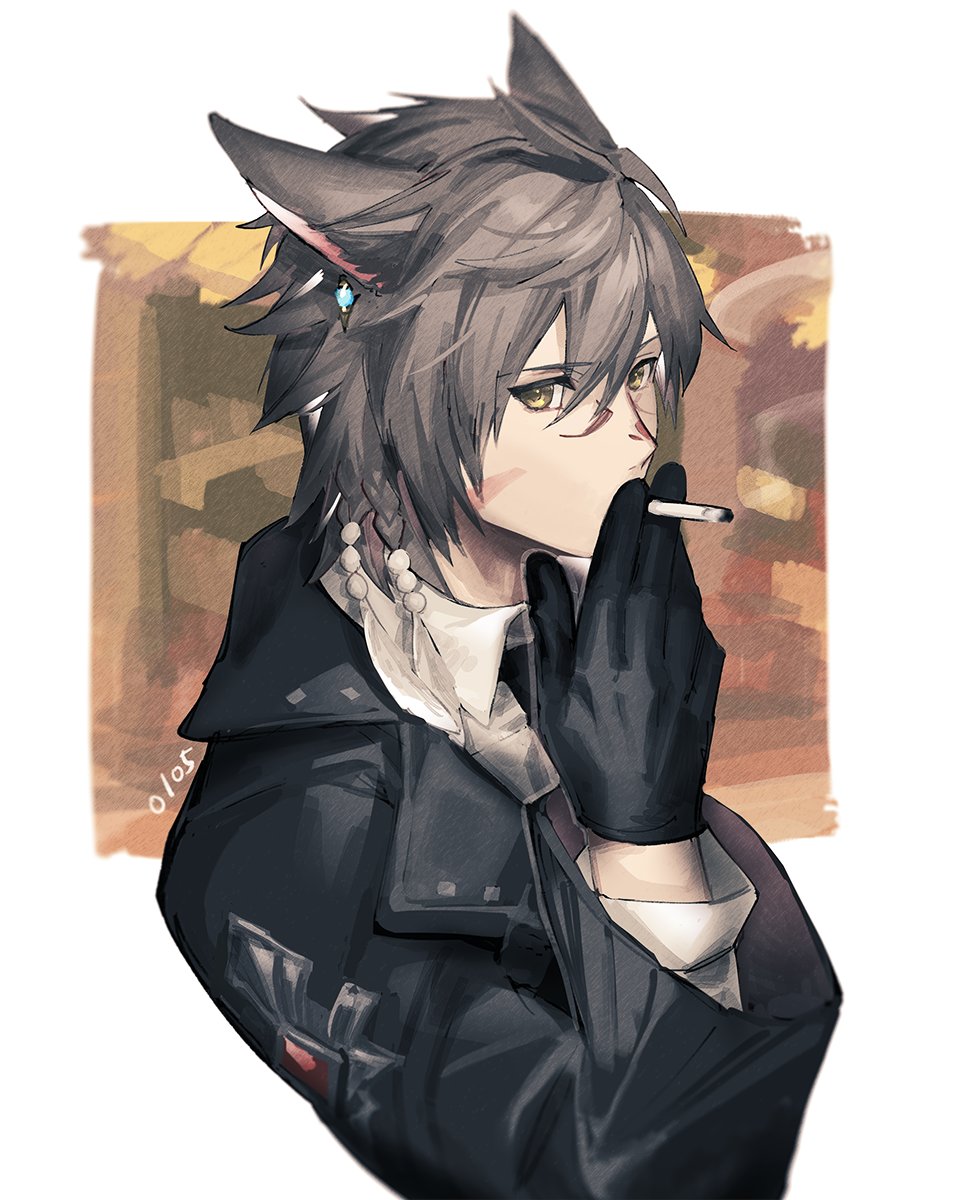 1boy animal ears male focus gloves solo miqo'te cigarette  illustration images