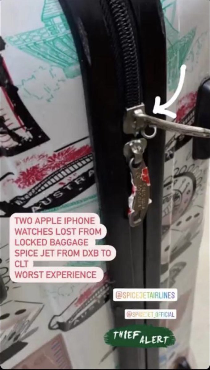 raqeebmoideen's tweet photo. #Theftalert We have lost 2 #Applewatch from our baggage while traveling from @dubaiairport to @aaiclcairport in @flyspicejet flight last day. Upon checking CCTV at Calicut Airport, the baggage was arrived after breaking the security tag. Not a good response from #spicejet https://t.co/oqRcRiYtJA