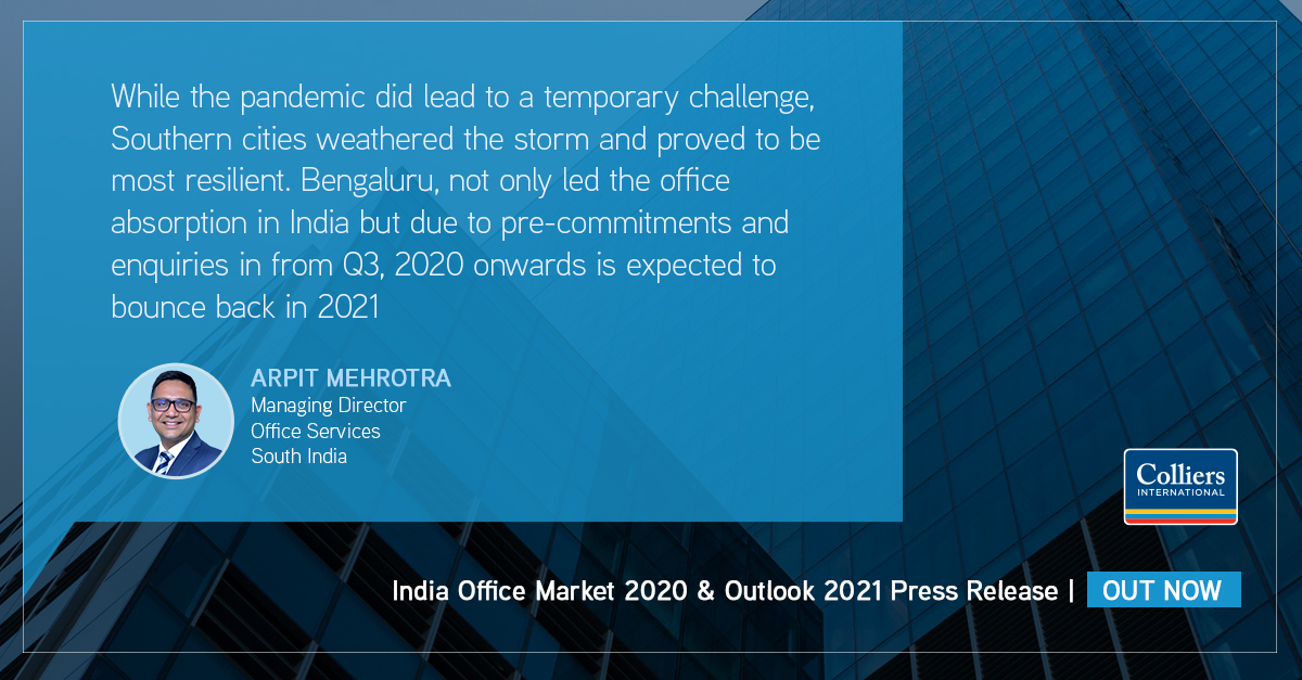 colliers_ind's tweet photo. The southern cities accounted for 63% of the total gross absorption during 2020. Bengaluru not only led leasing activity at 11.2msf in the country, but also witnessed the least disruption to demand in 2020 from the pandemic. 
@mehrotrararpit 
Read more: https://t.co/jRUnsAinNy https://t.co/AstvPas6FZ
