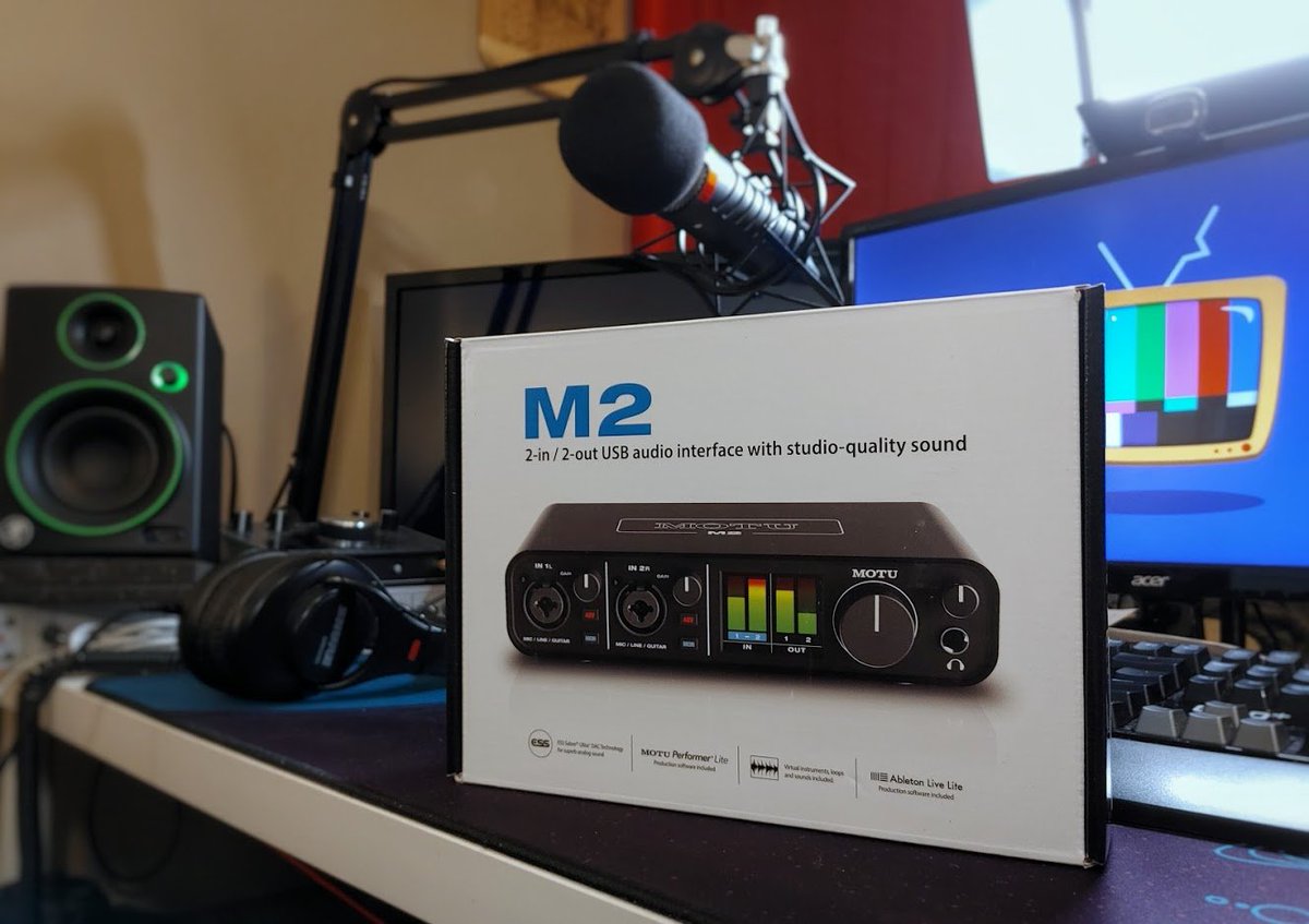 Finally nabbed a new audio interface. Can't wait to see what the <a href="/motutech/">MOTU</a> M2 will bring me 😉 Also seen in the top right is one of two new lights that I will be using for streaming in the near future!! #newgear #twitchstreamer