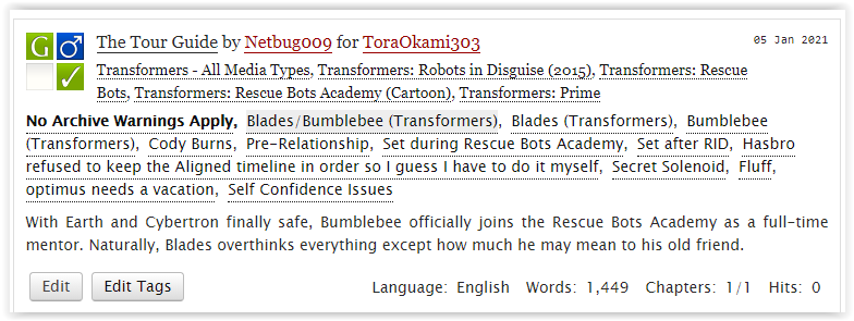 Netbug009's tweet photo. @SecretSolenoid FANFIC TIME!

The Tour Guide: Bumblebee officially joins the Rescue Bots Academy as a full-time mentor. Naturally, Blades overthinks everything except how much he might mean to his old friend. 

https://t.co/FdETdbNJHt

#rescuebots #bumbleblades #maccadam https://t.co/1a8KGimWdy