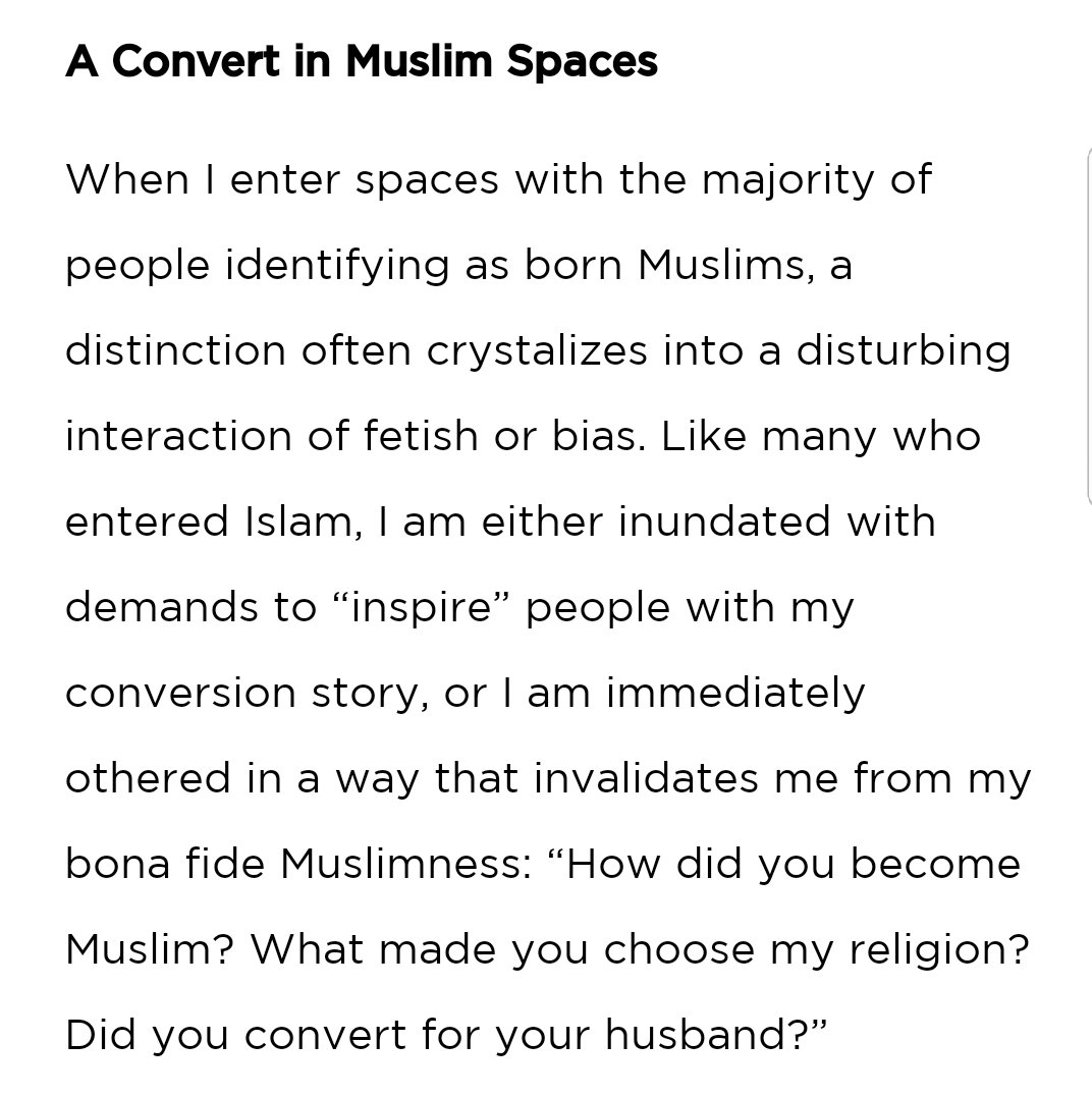 Someone once said: "as long as you're a non-Hausa Muslim in Nigeria, then you are a convert".And he meant it as an insult.Converting/repenting doesn't make people less Muslims. Allah named us Muslims, not reverts/converts. @LaylaAPoulos raised this issue in her article.1/9