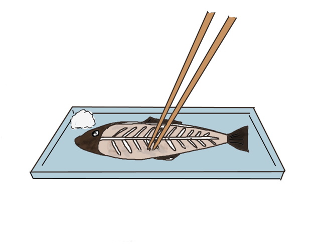 25. Sukashibashi すかし箸 ("poking through chopsticks")After eating the top half of a fish, don't eat the bottom half by poking through the bones (you are supposed to flip it over to eat the other side).
