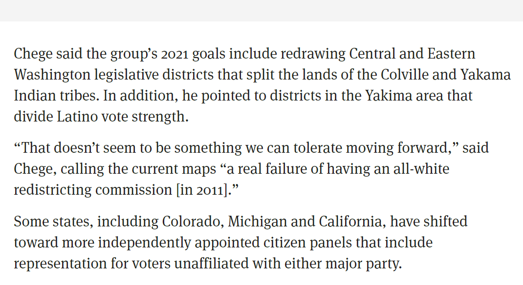 it's how you get "majority-minority" districts like the 15th LD in Yakima that still has a 60% White electorate 10 years later and where the Yakima Nation is split up, diluting the Native vote.It's an insult to communities of color and we're gonna put an end to it this year.