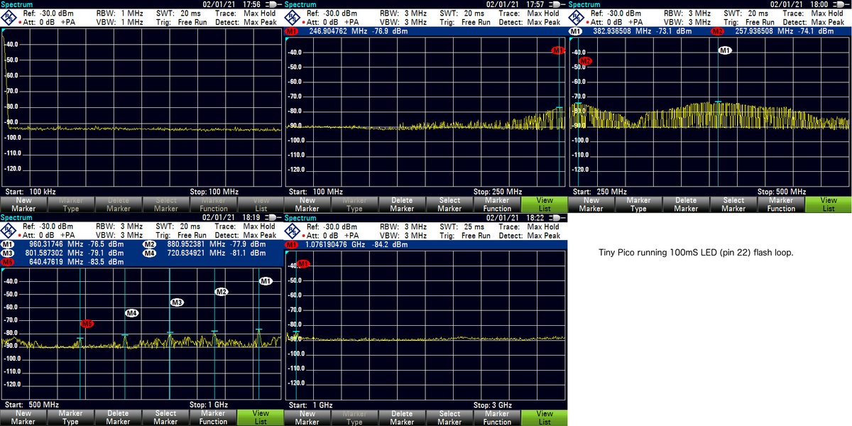 gudnotevl's tweet image. Further to my #ESP32 and #ESP8266 rough EMI tests here are a bunch of boards for comparison. The shielded 8266 is vewy vewy qwuiet, perhaps it&apos;s hunting wabbits. Next best is the #tinypico by @unexpectedmaker  FYI @sparkfun @jonoxer #moretocome