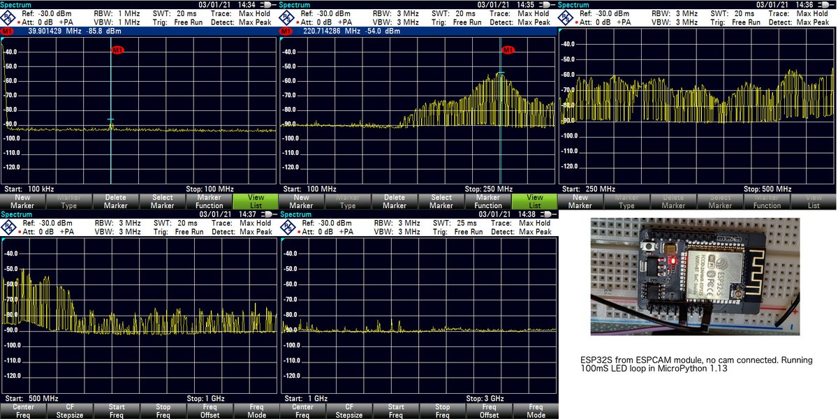 gudnotevl's tweet image. Further to my #ESP32 and #ESP8266 rough EMI tests here are a bunch of boards for comparison. The shielded 8266 is vewy vewy qwuiet, perhaps it&apos;s hunting wabbits. Next best is the #tinypico by @unexpectedmaker  FYI @sparkfun @jonoxer #moretocome
