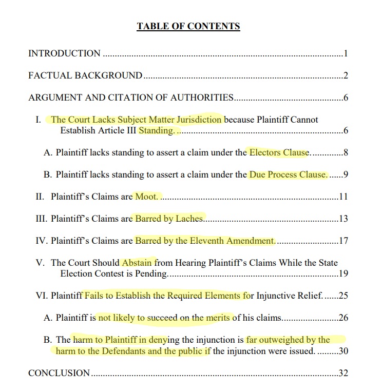 Let's start with the Table of Contents, which tells you which points they're going to hit. It's all the ones you would expect: the 5 reasons the court shouldn't bother hearing the case at all (standing, mootness, laches, sovereign immunity, abstention) plus losing anyway