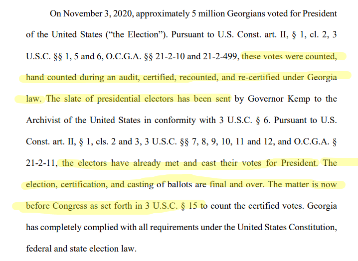 This is a nice start to the intro. We counted this stuff over and over. We've already certified repeatedly, appointed electors, sent in the slate, they voted already.We. Are. Done. This is in Congress's hands now. So what are they doing in your court suing us??