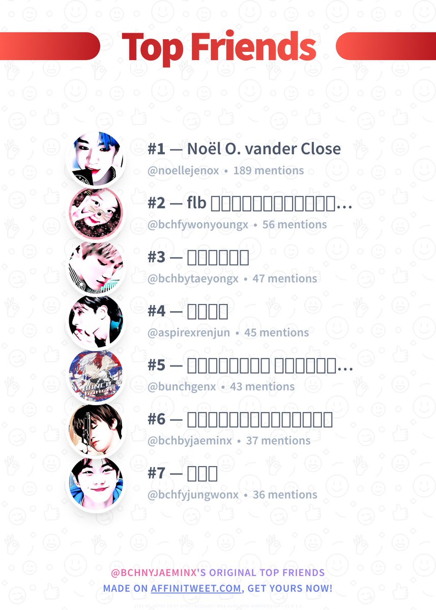 ✨ Top Friends

🥇 <a href="/noellejenox/">Noël</a>
🥈 @bchfywonyoungx
🥉 <a href="/bchbytaeyongx/">ภีมภาม</a>
🏅 <a href="/aspirexrenjun/">ขอพร rest</a>
🏅 <a href="/bunchgenx/">bunch hyungnim</a>
🏅 @bchbyjaeminx
🏅 @bchfyjungwonx

➡️ affinitweet.com/top-friends