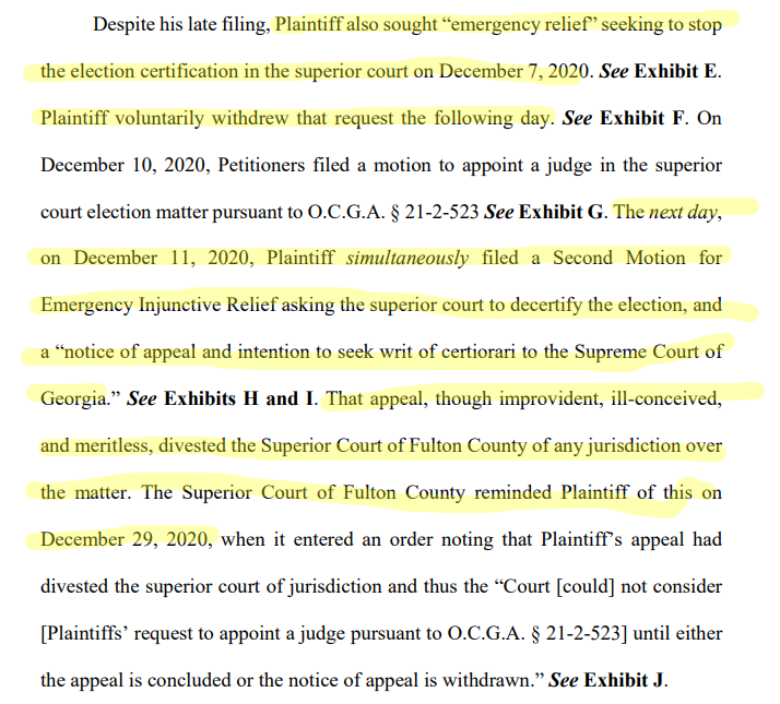 So here's a nice paragraph walking the judge through the dick-and-foot-shooting procedural moves we discussed in the thread on Trump's filing; yeah, what we figured out from the Trump filing is exactly what happened: the idiots filed a notice of appeal that delayed the state case