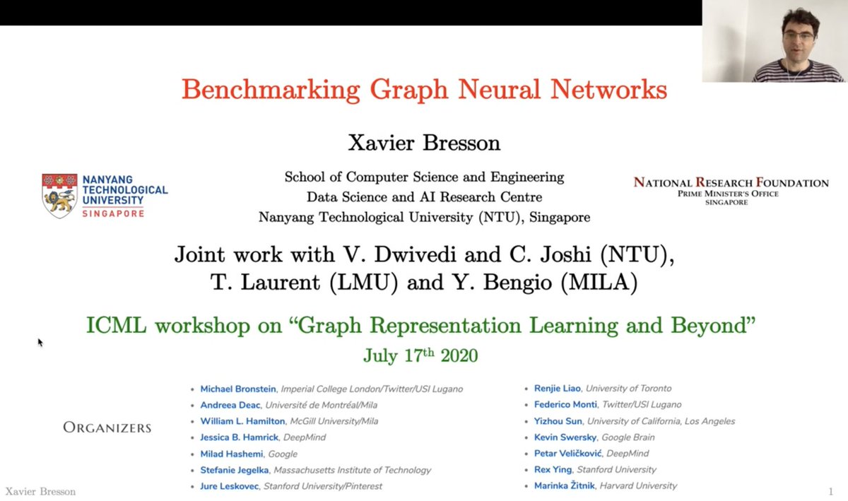 My main talks on Graph Neural Networks in 2020

1. Introduction to GNNs
youtube.com/watch?v=Iiv9R6…

2. Recent developments in GNNs
youtube.com/watch?v=M60hux…

3. Benchmarking GNNs
youtube.com/watch?v=tuChBS…

Hope they can be useful.
Happy new year to everyone !